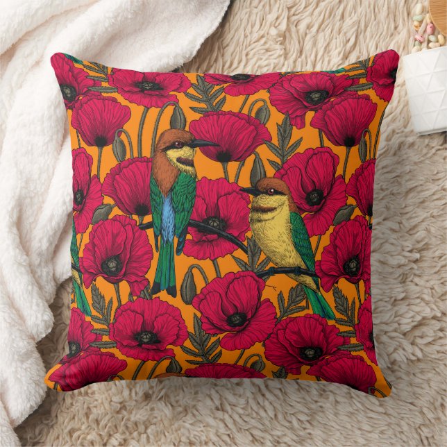 Bee eaters and poppies on orange cushion (Blanket)