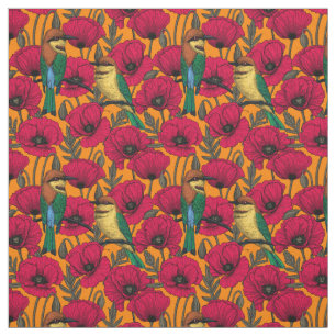 Bee eaters and poppies on orange fabric