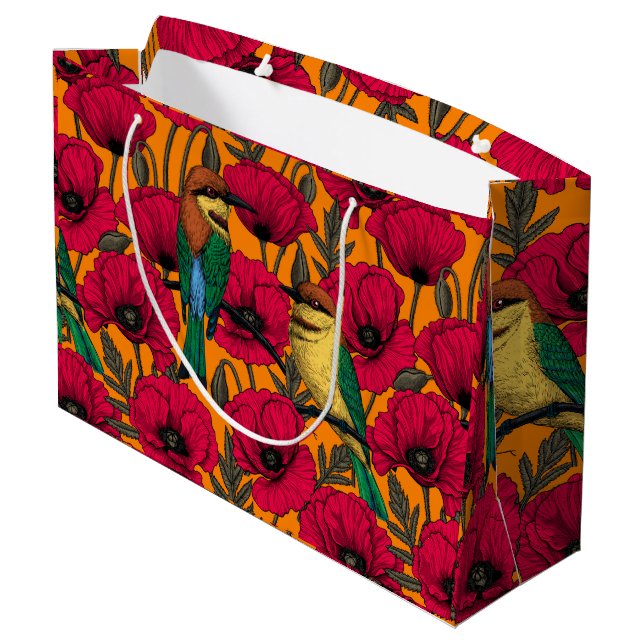 Bee eaters and poppies on orange large gift bag (Back Angled)