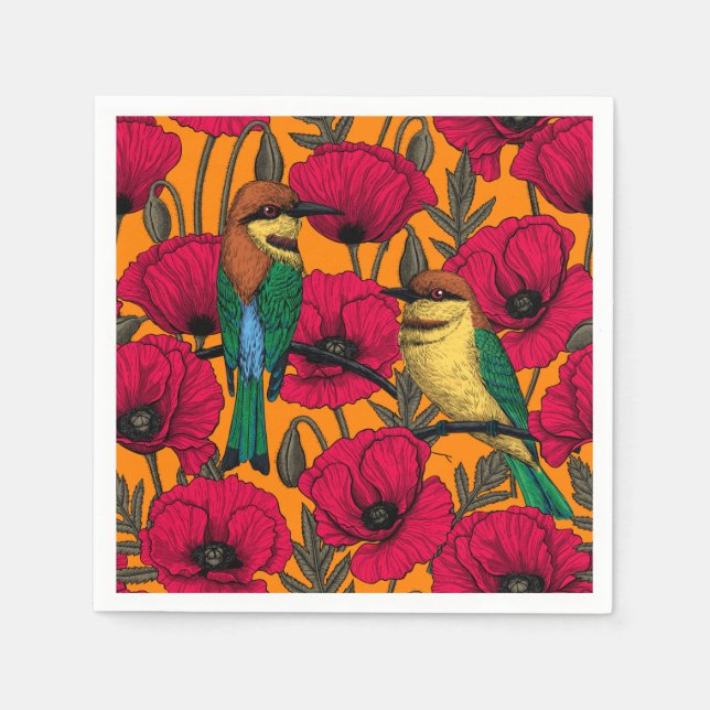 Bee eaters and poppies on orange napkin (Front)