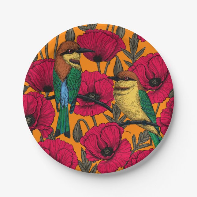 Bee eaters and poppies on orange paper plate (Front)
