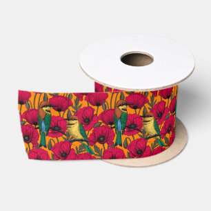 Bee eaters and poppies on orange satin ribbon