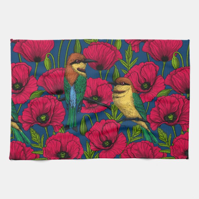 Bee eaters and poppies tea towel (Horizontal)