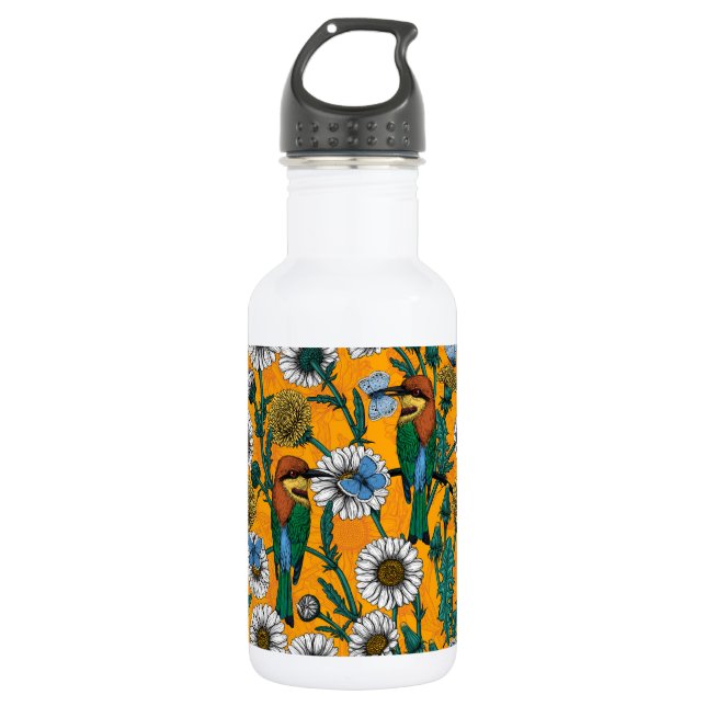 Bee-eaters, blue butterflies and daisies on orange 532 ml water bottle (Front)