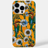 Bee-eaters, blue butterflies and daisies on orange