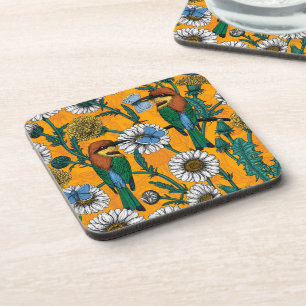Bee-eaters, blue butterflies and daisies on orange coaster