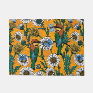 Bee-eaters, blue butterflies and daisies on orange doormat
