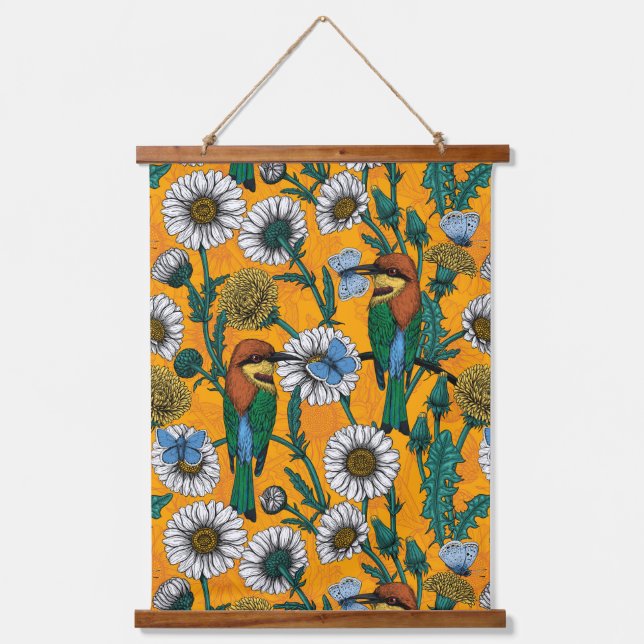 Bee-eaters, blue butterflies and daisies on orange hanging tapestry (Front)