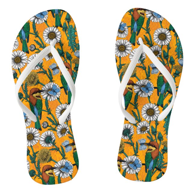 Bee-eaters, blue butterflies and daisies on orange jandals (Footbed)