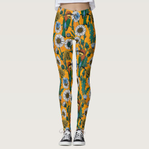 Bee-eaters, blue butterflies and daisies on orange leggings