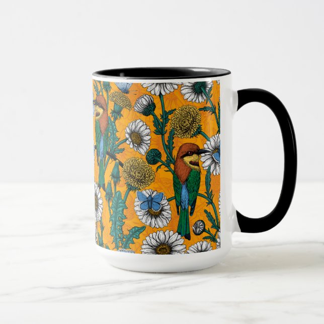 Bee-eaters, blue butterflies and daisies on orange mug (Right)