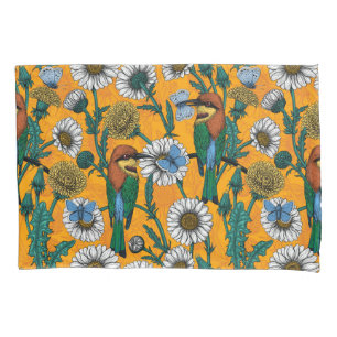 Bee-eaters, blue butterflies and daisies on orange pillowcase