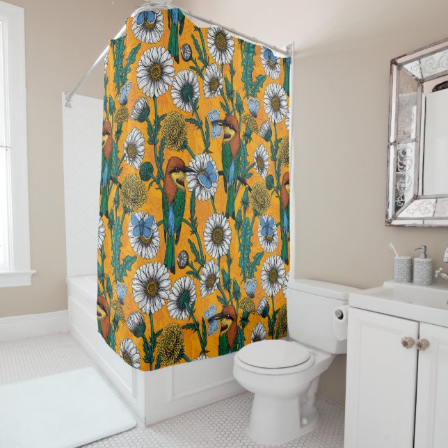 Bee-eaters, blue butterflies and daisies on orange shower curtain (In Situ)