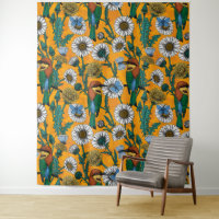 Bee-eaters, blue butterflies and daisies on orange