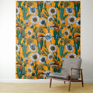 Bee-eaters, blue butterflies and daisies on orange tapestry