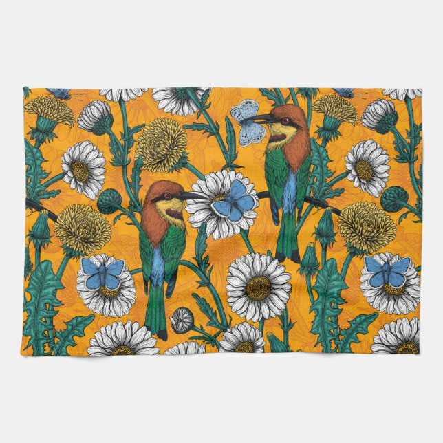 Bee-eaters, blue butterflies and daisies on orange tea towel (Horizontal)