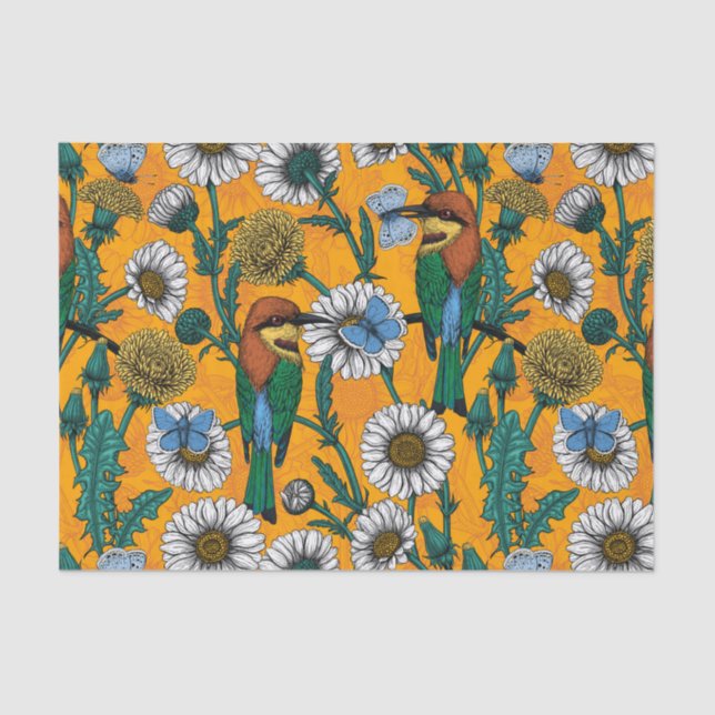 Bee-eaters, blue butterflies and daisies on orange tissue paper (Front)