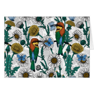 Bee-eaters, blue butterflies and daisies on white