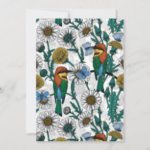 Bee-eaters, blue butterflies and daisies on white