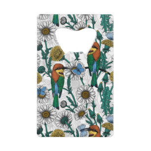 Bee-eaters, blue butterflies and daisies on white