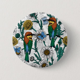 Bee-eaters, blue butterflies and daisies on white 6 cm round badge