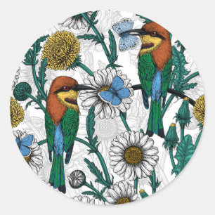 Bee-eaters, blue butterflies and daisies on white classic round sticker