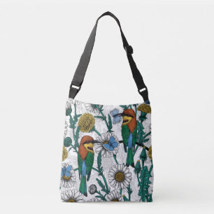 Bee-eaters, blue butterflies and daisies on white crossbody bag