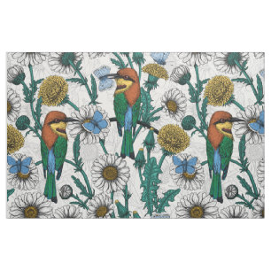 Bee-eaters, blue butterflies and daisies on white fabric