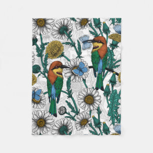 Bee-eaters, blue butterflies and daisies on white fleece blanket