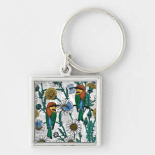 Bee-eaters, blue butterflies and daisies on white key ring
