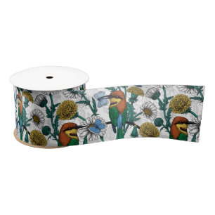 Bee-eaters, blue butterflies and daisies on white satin ribbon