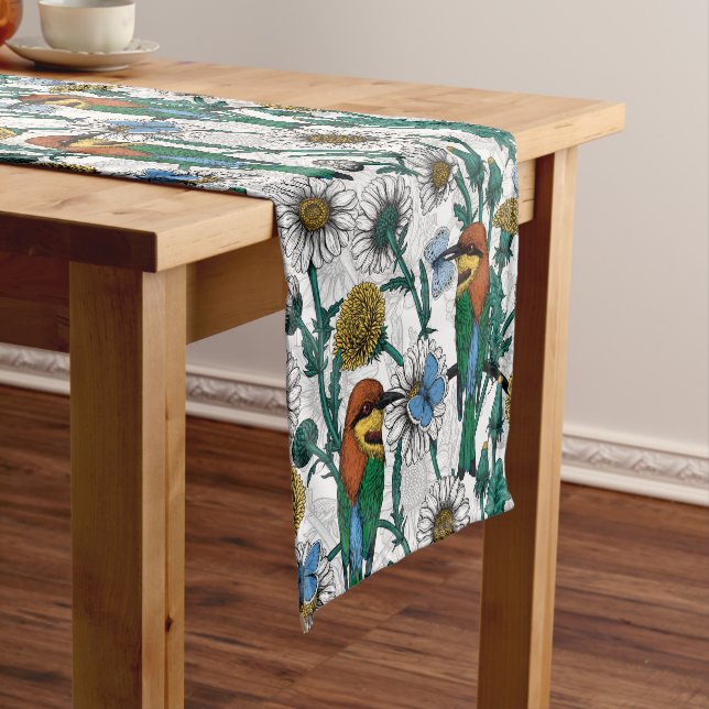 Bee-eaters, blue butterflies and daisies on white short table runner (In Situ)
