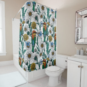 Bee-eaters, blue butterflies and daisies on white shower curtain