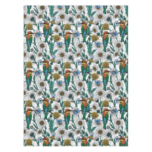 Bee-eaters, blue butterflies and daisies on white tablecloth