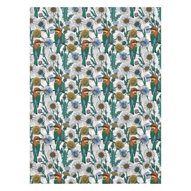 Bee-eaters, blue butterflies and daisies on white tablecloth (Front)