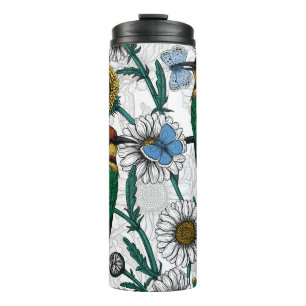 Bee-eaters, blue butterflies and daisies on white thermal tumbler