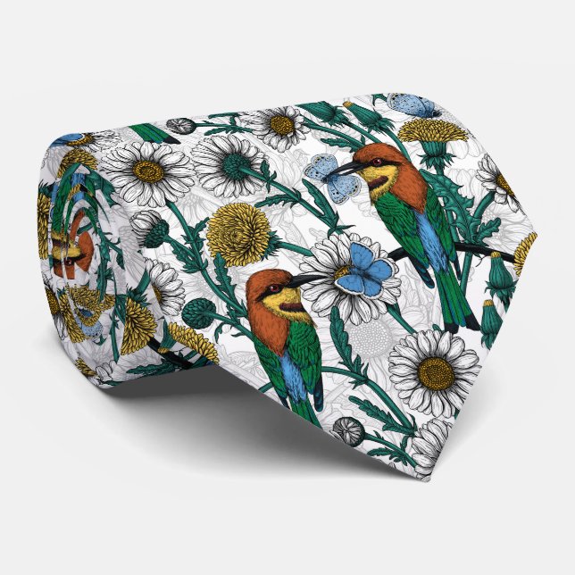 Bee-eaters, blue butterflies and daisies on white tie (Rolled)