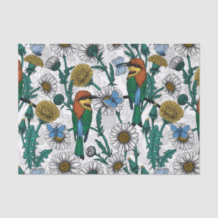 Bee-eaters, blue butterflies and daisies on white tissue paper