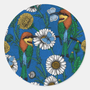 Bee eaters on blue classic round sticker