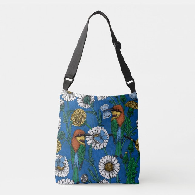 Bee eaters on blue crossbody bag (Front)