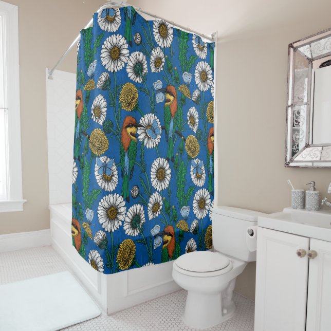 Bee eaters on blue shower curtain (In Situ)