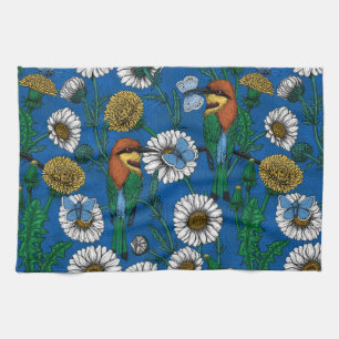 Bee eaters on blue tea towel