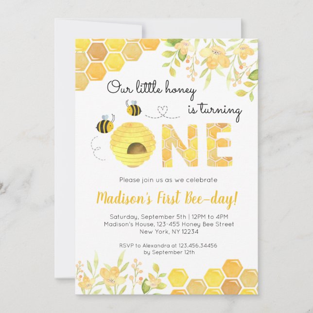 Bee First 1st Birthday party invitations Boy Girl (Front)