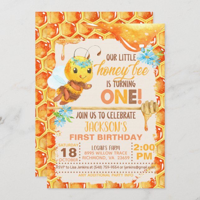 Bee First Birthday Invitation - Girl (Front/Back)