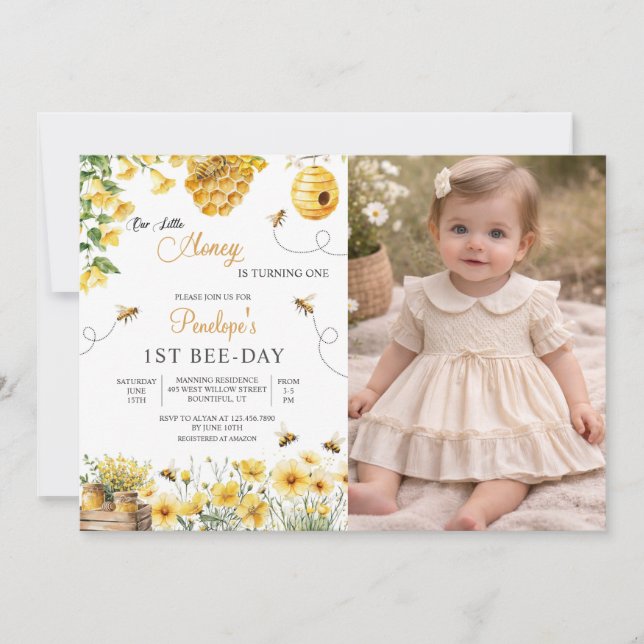 Bee Flower Our Little Honey Is Turning Birthday  Invitation (Front)