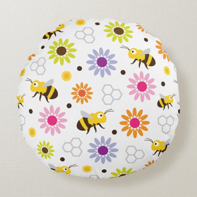 Bee & Flowers Round Cushion (Front)