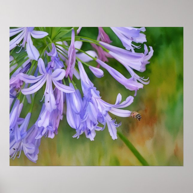 Bee Flying to Purple Lily Flowers Watercolor Style Poster (Front)