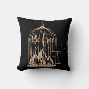 Bee Free Out Of Cage Birds Pink Rose Copper Black Cushion