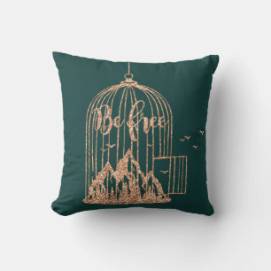 Bee Free Out Of Cage Birds Rose Gold Copper Teal Cushion