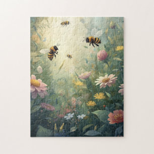 Bee Garden Puzzle with Wildflowers and Nature Scen